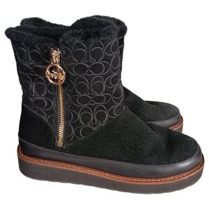 Coach Boots 7 Womens Black Signature Isa Suede Snow Flat Round Toe Low Comfort